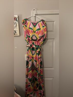 Women's Pink & Green Patterned Maxi Dress with Belt